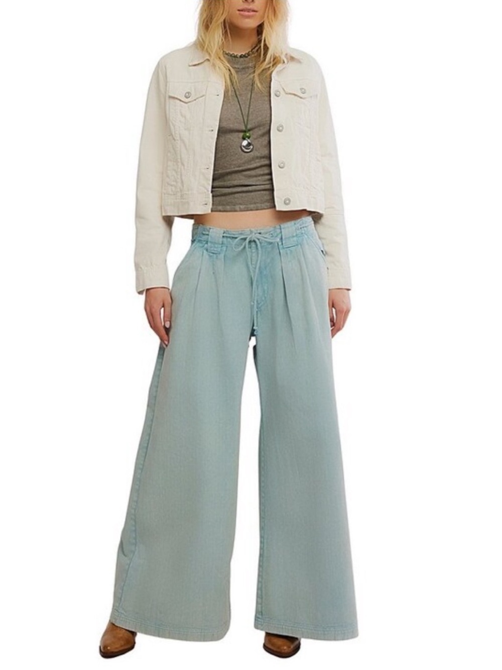 NEW Free People Julien Wide Leg Drawstring Chino Trousers Pants. Pearl Blue. S